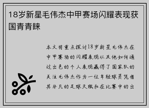 18岁新星毛伟杰中甲赛场闪耀表现获国青青睐